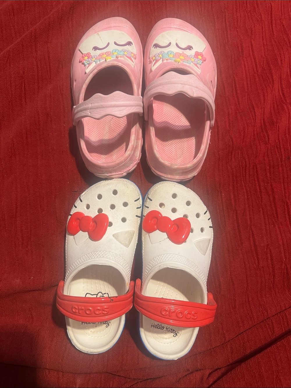 CROCS Kids Pink Unicorn Clogs & White Hello Kitty Sandals with Red Bows